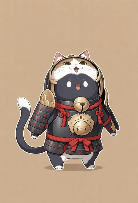 (masterpiece, best quality:1.2), animal focus, no humans, chibi-style cat, 2-head proportions, samurai armor with comically large helmet and bell on collar, holding a giant fish triumphantly over its head in one paw while the other paw rests on its hip con...