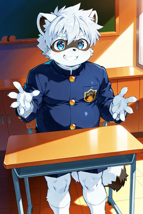 Solo, UHD, Ultra Detailed, Right Hand Structure, Right Body Structure, Right Hand Exponential Volume. Five Fingers, Tail, Little Raccoon, Silver White Body, School Uniform, Brother High School Student, White Socks, Desk, Smiling, Furry, Japanese Animation ...