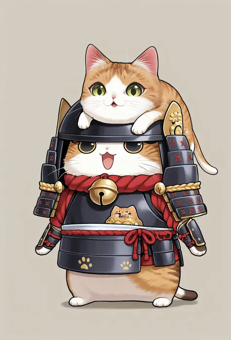 (masterpiece, best quality:1.2), animal focus, no humans, chibi-style cat, 2-head proportions, samurai armor with comically large helmet and bell on collar, holding a giant fish triumphantly over its head in one paw while the other paw rests on its hip con...