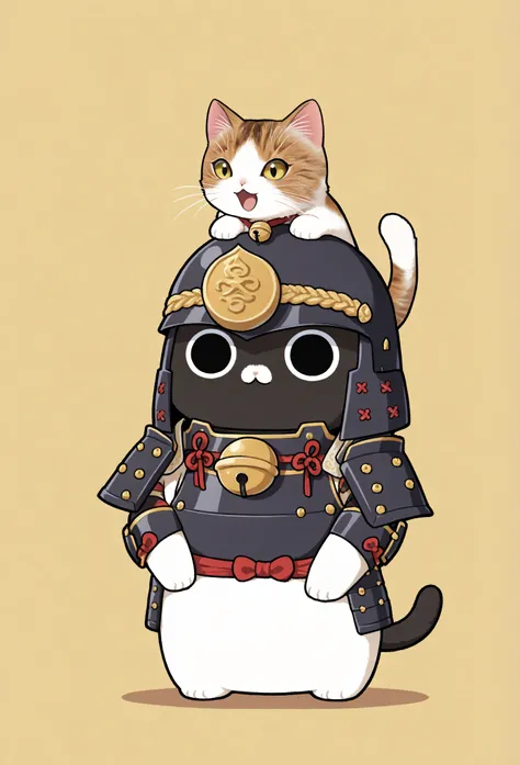 (masterpiece, best quality:1.2), animal focus, no humans, chibi-style cat, 2-head proportions, samurai armor with comically large helmet and bell on collar, holding a giant fish triumphantly over its head in one paw while the other paw rests on its hip con...