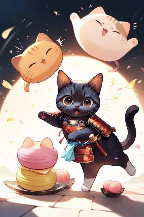 (masterpiece, best quality:1.2), Animal Focus , There are no humans, Chibi-style cat, , , proportions of 2 heads, Samurai armor with soft cloth details, pointing a colorful gyoza skewer、 (Japanese sweets) holding one leg、waving to the viewer with the oth...