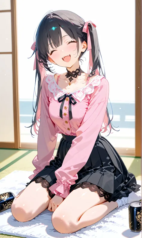 (watercolor: 0.5), (  pastel : 0.5),   laughing while sitting ,  black hair with blurry pinkish highlights、holding a can of drink,   long twin tails ,  sitting on the ground ,  Soft brush ,  tilt your neck,   pink ruffle blouse  ,    black pleated skirt  ,...