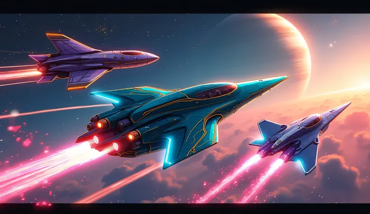 Create a vibrant anime-style digital artwork of extraterrestrial spaceships soaring through a cosmic sky. Three sleek vessels dominate the scene, their designs bold and fluid. The lead ship is a sharp, arrowhead craft with a glossy teal hull, accented by g...