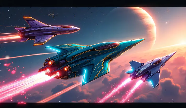 Create a vibrant anime-style digital artwork of extraterrestrial spaceships soaring through a cosmic sky. Three sleek vessels dominate the scene, their designs bold and fluid. The lead ship is a sharp, arrowhead craft with a glossy teal hull, accented by g...