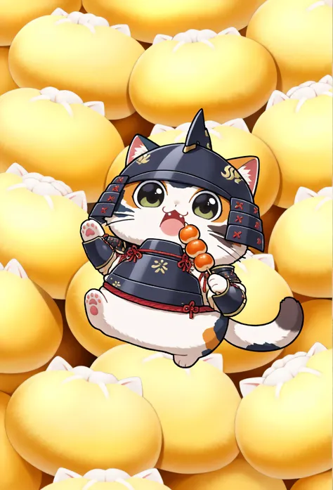 (masterpiece, best quality:1.2), Animal Focus , there are no humans, chibi-style cats, , proportions of 2 heads, samurai armor with soft cloth details, Holding a colorful dumpling skewer、 (Japanese sweets) Holding it with one leg、waving at the viewer on t...