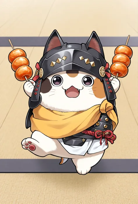 (masterpiece, best quality:1.2), Animal Focus , there are no humans, chibi-style cats, , proportions of 2 heads, samurai armor with soft cloth details, Holding a colorful dumpling skewer、 (Japanese sweets) Holding it with one leg、waving at the viewer on t...