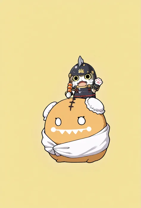 (masterpiece, best quality:1.2), Animal Focus , there are no humans, chibi-style cats, , proportions of 2 heads, samurai armor with soft cloth details, Holding a colorful dumpling skewer、 (Japanese sweets) Holding it with one leg、waving at the viewer on t...