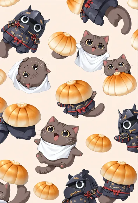 (masterpiece, best quality:1.2), Animal Focus , there are no humans, chibi-style cats, , proportions of 2 heads, samurai armor with soft cloth details, Holding a colorful dumpling skewer、 (Japanese sweets) Holding it with one leg、waving at the viewer on t...