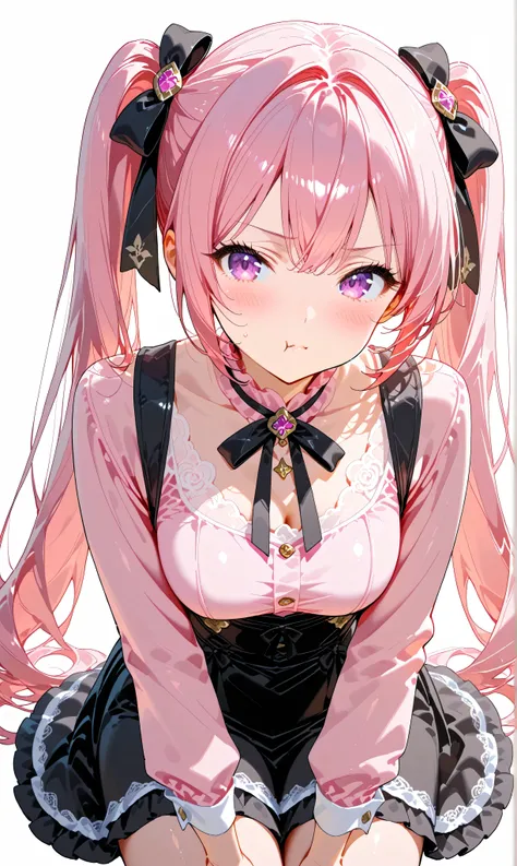 (watercolor:0.4), ( pastel :0.6),  1 girl,  Jet black with subtle pinkish highlights ,  Long twin tails tied with a ribbon ,  crouch in a relaxed position , Blushing cheeks ,  Tilt your head slightly at an angle ,  Pastel pink ruffled top and 、 Sophisticat...