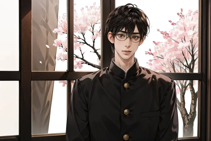 Japanese man handsome short dark-haired adult short cropped smile In the classroom window window windowの外は初春 there is only one cherry tree Black school run school uniform Black school run glasses Licensed