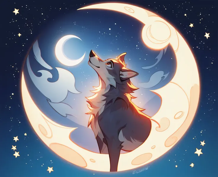 There is a starry sky and a lonely person standing in the foreground,  Wolf Howling at the Moon , Full body shot of a sexy woman howling to the moon , Wolf barking at full moon ,  Night Under the Starry Sky , looks up at the stars , Starry night sky, On th...