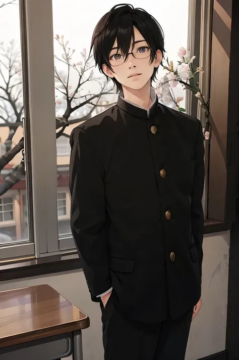 Japanese man handsome short dark-haired adult short cropped smile In the classroom window window windowの外は初春 there is only one cherry tree Black school run school uniform Black school run glasses glasses Shaved head Shaved head Shaved head S...