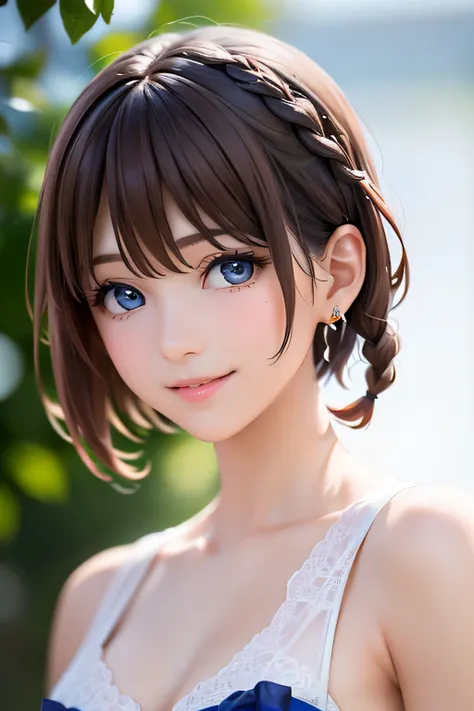 baby face, ( brown short hair :1.5,Halterbra:1.5,Short braids:1.5), (photorealistic:1.8), (masterpiece, sidelights in the form of drops, Exquisitely Beautiful Eyes: 1.5), masterpiece* portraits, realistic, 3d face,(cute face), front view: 1.6、 ( sparkling...