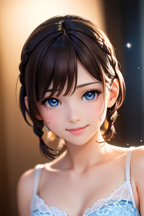 baby face, ( brown short hair :1.5,Halterbra:1.5,Short braids:1.5), (photorealistic:1.8), (masterpiece,  sidelights in the form of drops, Exquisitely Beautiful Eyes: 1.5), masterpiece* portraits, realistic, 3d face,(cute face), front view: 1.6、 ( sparkling...