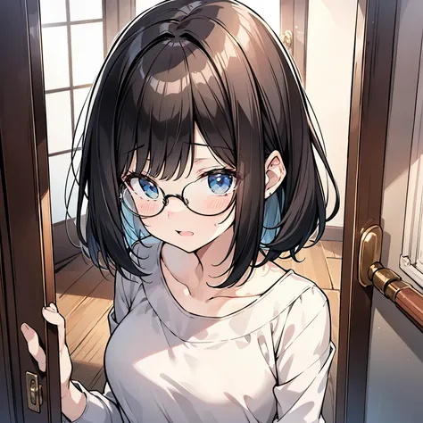 Glasses, A middle-aged aunt，with short black hair，Wearing a white top，Standing in the doorway of the room, listening to the phone with his cell phone in his hand，Shocked expression（Open mouth 1.5）（Answer the phone action 1.5）（The background is in the room ...