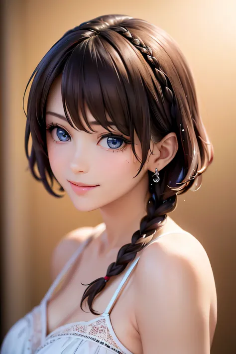 baby face, ( brown short hair :1.5,Halterbra:1.5,Short braids:1.5), (photorealistic:1.8), (masterpiece, sidelights in the form of drops, Exquisitely Beautiful Eyes: 1.5), masterpiece* portraits, realistic, 3d face,(cute face), front view: 1.6、 ( sparkling...