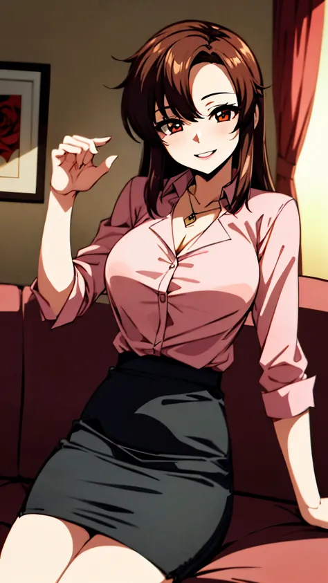 （Ultra High Quality,Ultra High Resolution,16k,super masterpiece,Ultra HD ,detailed shading and background,）One sexy woman,sexy pink shirt with cuffed sleeves,red rose pendant,red pencil skirt,smile,The living room where the sunset shines,sits on the sofa,