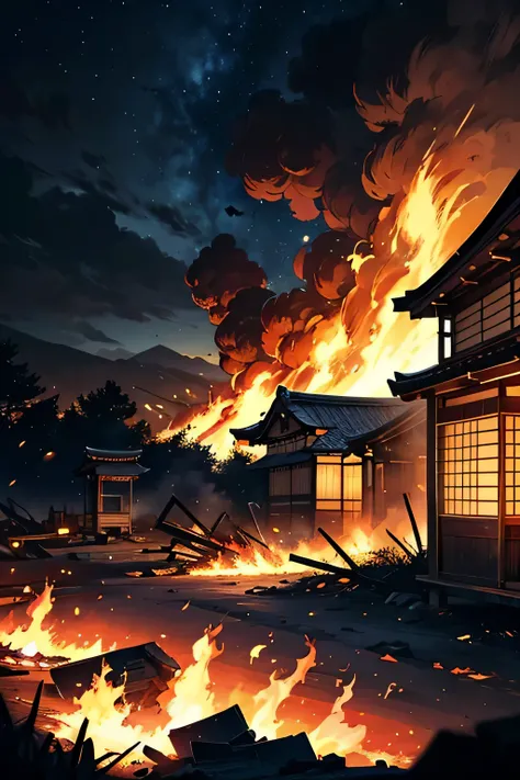 Ancient Japanese village on fire. Lots of simple old Japanese houses on fire. All the houses destroyed. BROKEN HOUSES .  dark gloomy night. flames.  without character . Landscape in the middle of the village. medieval period. Castastrofe.  EXPLOSION. attac...