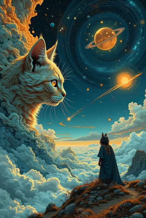 (masterpiece, top quality, best quality, official art, beautiful and artistic:1.2), (Ultra Gorgeous Celestial Show Seen Through God's Eyes), Miracles caused by God、God&#39;s invisible hand、A cat staring at a celestial body、Near Future Art, realistic pictur...