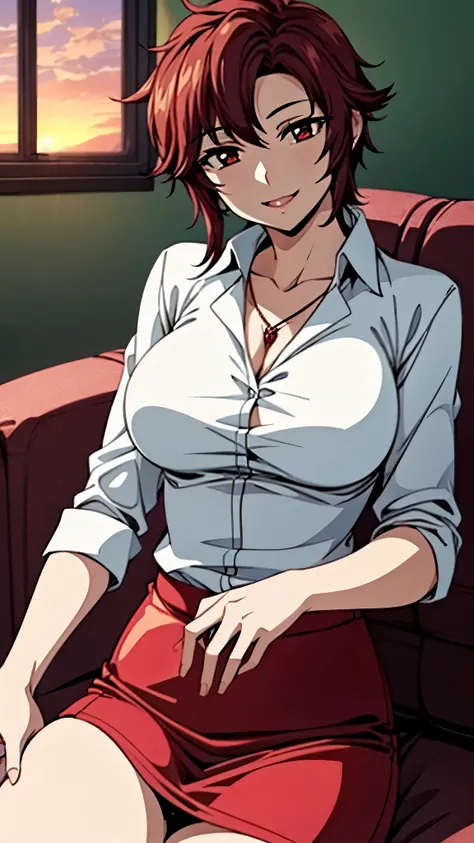 （Ultra High Quality,Ultra High Resolution,16k,super masterpiece,Ultra HD ,detailed shading and background,）One sexy woman,sexy pink shirt with cuffed sleeves,red rose pendant,red pencil skirt,smile,The living room where the sunset shines,sits on the sofa,