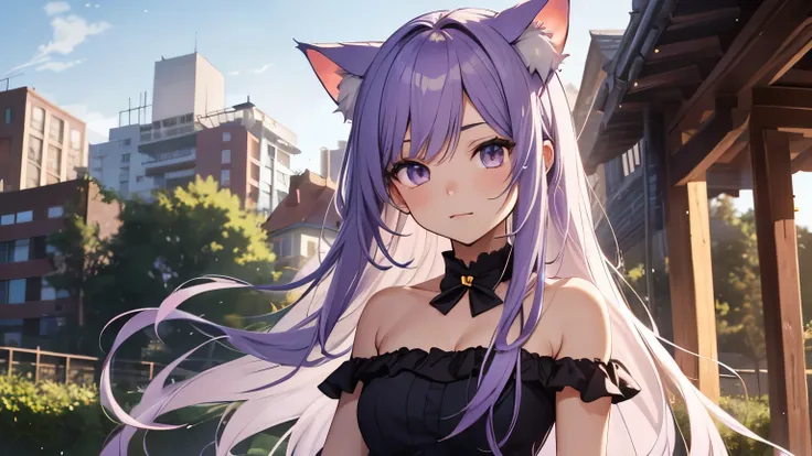 Anime girl character with flowing soft purple hair, with cat ears and wearing a dress, with a outdoor background