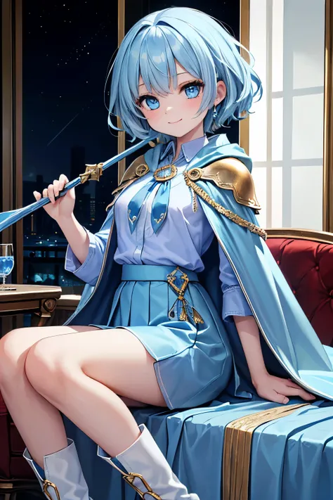 light blue hair, short hair, pixie cut, (wavy hair), light blue eyes, light smile, small breasts, (((Luxurious blue Fantasy Cloak))), (((((light blue shirt))))), (((((light blue skirt))))), (blue and white boots), (((Blue jeweled wand))), Settlement, night