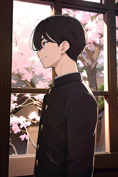 Japanese man handsome short dark-haired adult short cropped smile In the classroom window window windowの外は初春 there is only one cherry tree Black school run school uniform Black school run Shaved head Shaved head Shaved head Shaved head