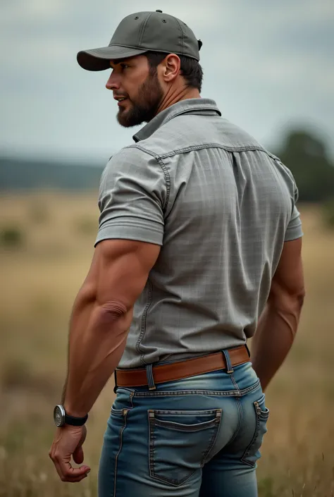 realistic photography, 35-year-old muscular (((athletic man))) , , view From below, in profile, light gray Oxford shirt de cuadros and very tight dark faded blue jeans, brown belt, in profile, Big butt, viendo a cámara,  black eyes,, at the ranch, sexy man...