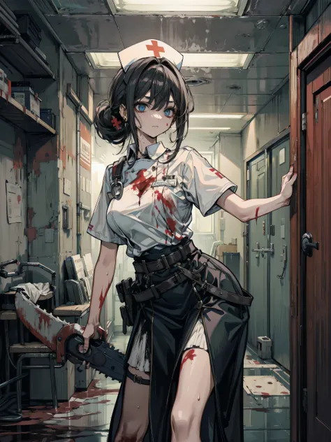 earring, big breasts, narrow waist, short hair, wavy hair, hair behind ear, half updo, black hair, sweat, cowboy shot, indoor, blood, blood splatter, blood on clothes, blood stain, hospital, nurse uniform, have a chainsaw, zombie,