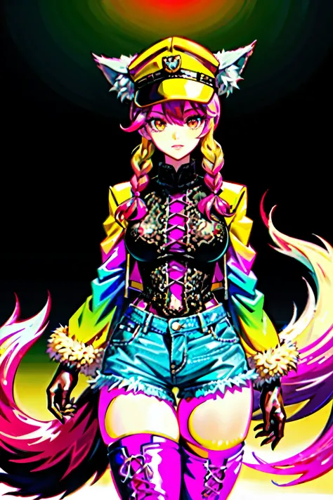 (best quality:2.0), (crisp:2.0), (highres:2.0), (((a rich yellow and pink gradient wolf tail:2.0))), anime, full body:2.0, (single image), (solo beautiful lady:2.0), (masterpiece:2.0), (detailed face:2.0), (detailed eyes:1.4), ((denim shorts:2.0)), ((thick...