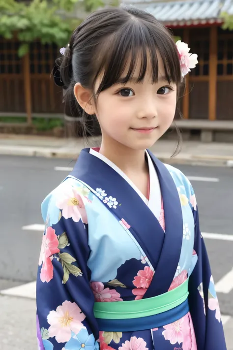 A beautiful elementary school student,  one , Floral pattern on kimono 、Bust、I&#39; drinking tea and relaxing 、highest quality、Hair is black、smile, I'm drinking steaming greentea,bust up, Cherry blossoms in the background , squats,Tight lower body,looking ...