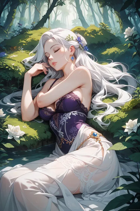 beautiful woman sleeping、 long white hair that covers shoulders、poison forest、 white skin、Purple lace dress