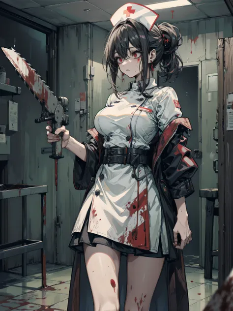 earring, big breasts, narrow waist, short hair, wavy hair, hair behind ear, half updo, black hair, sweat, cowboy shot, indoor, blood, blood splatter, blood on clothes, blood stain, hospital, nurse uniform, have a chainsaw, zombie,