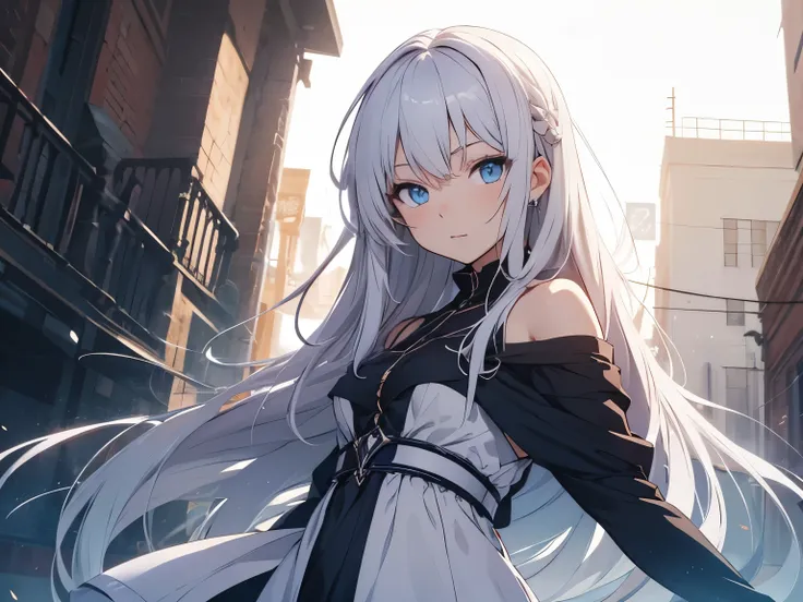 Anime girl character with white flowing hair, blue eyes and wearing a dress, with a background