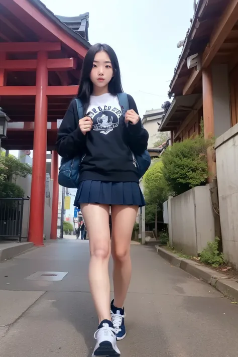 Shrine torii gate background ,masterpiece,8k,(((angle see from the ground))),Female junior high school student's angle from below,age 15,front shot,Watch here,((Wear a shirt under a navy blue student sweater,Beautiful legs with long thighs,navy blue micro ...