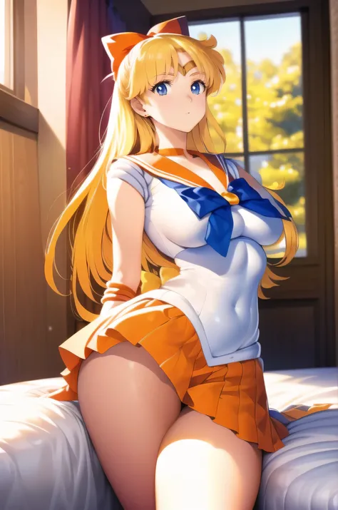 Aino Minako Aino Minako，White sailor suit,  orange necklace, shooting angle from bottom to top, looking up angle, orange short skirt, ultra short skirt, red bow tied at the back of the head, sleeveless, white long gloves, white underwear, long legs, golden...