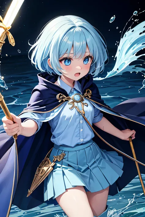 light blue hair, short hair, pixie cut, (wavy hair), light blue eyes, clear face, open mouth, small breasts, (((Luxurious blue Fantasy Cloak))), (((((light blue shirt))))), (((((light blue skirt))))), (blue and white boots), (((Glowing Blue jeweled wand)))...