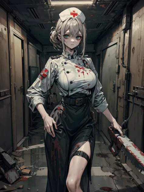 earring, large breasts, narrow waist, short hair, wavy hair, hair behind ear, half updo, black hair, sweat, cowboy shot, looking at viewer, indoor, blood, blood splatter, blood on clothes, blood stain, hospital, nurse uniform, have a chainsaw, zombie,