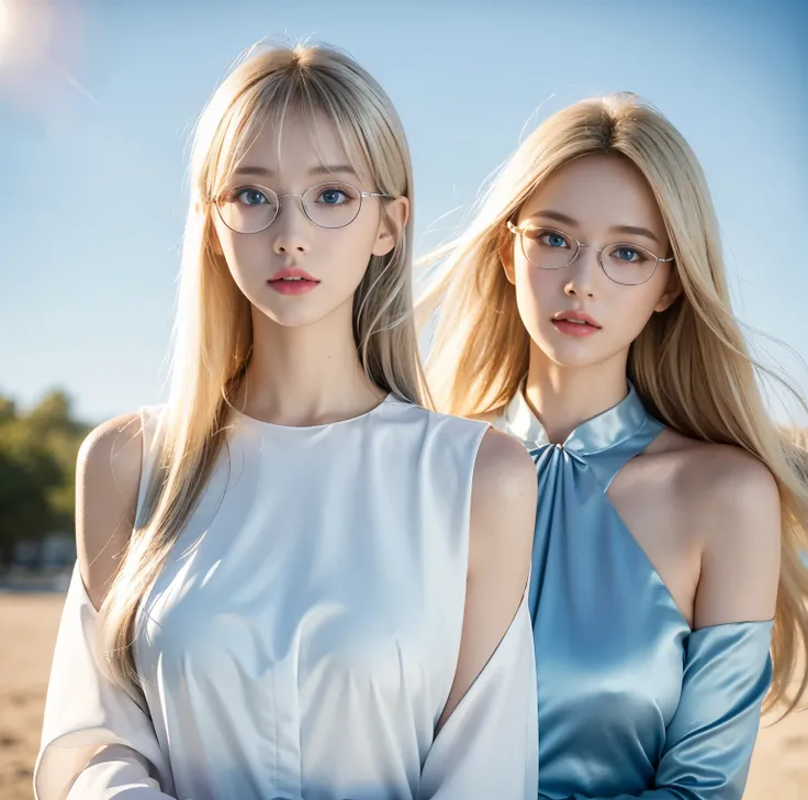 8K quality, Bright professional photo ,  two beautiful girls, 2 people are beautiful like goddesses,  Fantastic, Above chest shot, (plain and neat blouse), (wearing silver-rimmed glasses:1.2), (flashy sparkling blond blue eyes), beautiful eyes, Hair flying...