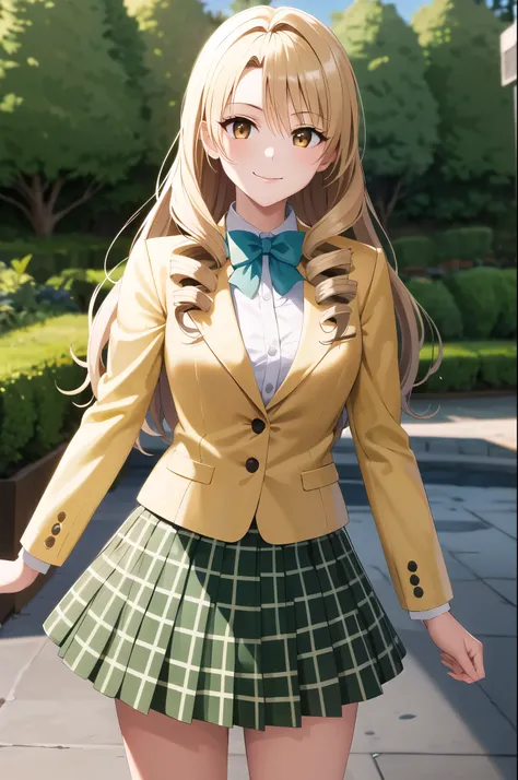 masterpiece, highest quality, High resolution, 1 girl, alone, long hair, blonde hair, double good, drill hair, brown eyes, , green bow tie, yellow blazer, plaid skirt, green skirt, standing, cowboy shot, outdoor, glossy lips ,smile closed mouth