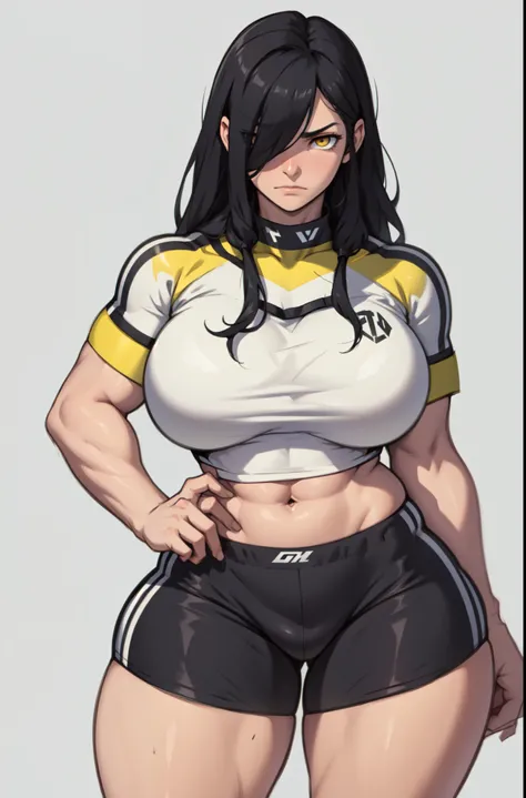 huge muscles big breasts black hair yellow eyes pale skin striped top bike shorts sad empty eyes embarrassed