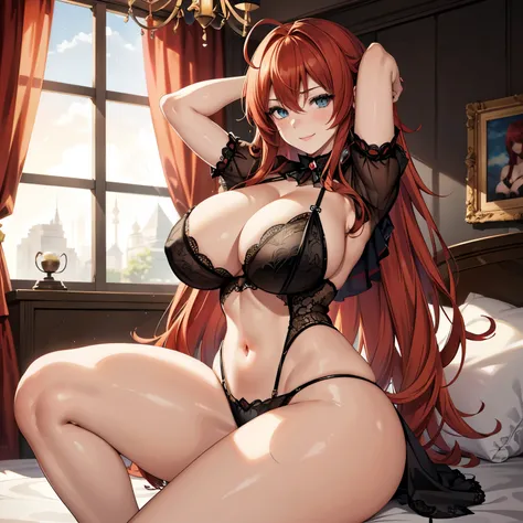 Anime, a glamour shot of a smiling Rias Gremory (extremely long wavy red hair), arms up, enormous breasts, big ass, Sitting demurely with her legs crossed on her bed, leaning toward the viewer, cowgirl, with Smokey eyes and manic smile, sexy revealing ling...