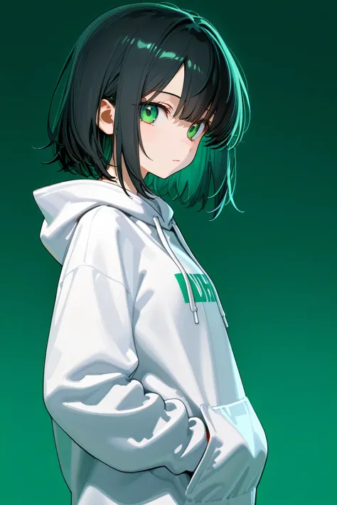 a girl,Black short hair,green eyes,sideways,Look at the main point of view with both eyes, white hooded sweatshirt,Dark green background,Just her