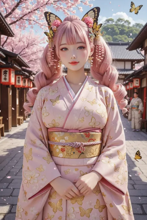 A breathtakingly elegant portrait of a courtesan from the Edo period. She stands in a traditional Japanese town in broad daylight. She is  and adorable, with large breasts ((big breasts: 1,6)), and wears an uchikake embroidered with gold and silver threads...