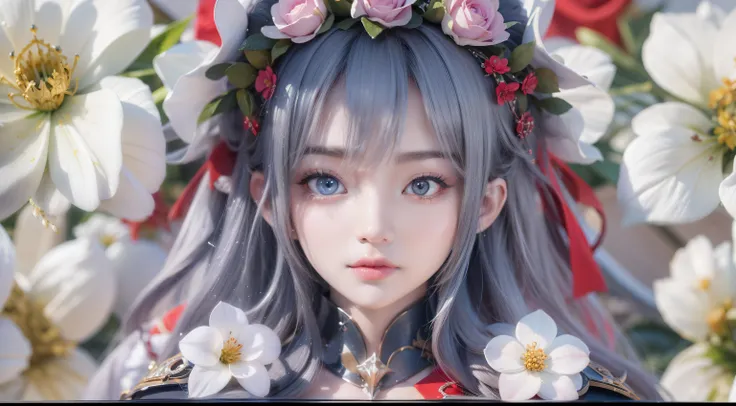 艺术背景artistic germ. High Detailed Texture ,panoramic,1 girl,Girl snuggles up with a white tiger:1.4,blur the red petals and the background, with only one character,plump woman,beautiful young woman with white conceptual dress with white high slit dress,clo...