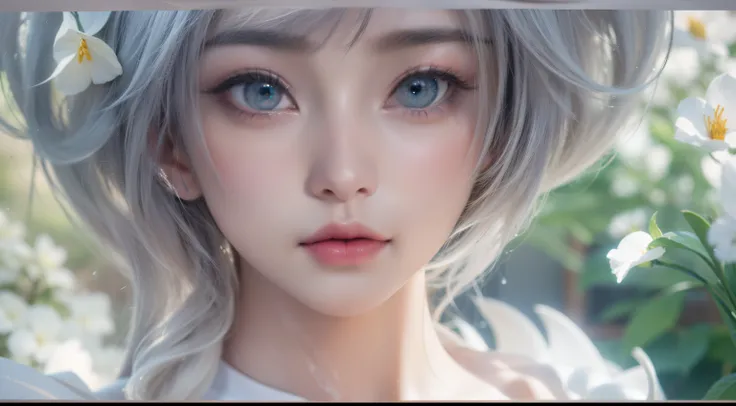 艺术背景artistic germ. High Detailed Texture ,panoramic,1 girl,Girl snuggles up with a white tiger:1.4,blur the red petals and the background, with only one character,plump woman,beautiful young woman with white conceptual dress with white high slit dress,clo...