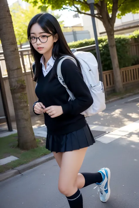 Shrine torii gate background ,masterpiece,8k,(((angle see from the ground))),Female junior high school student's angle from below,age 15,front shot,Watch here,((navy blue student sweater and collared shirt,((Beautiful legs with long thighs)),navy blue micr...