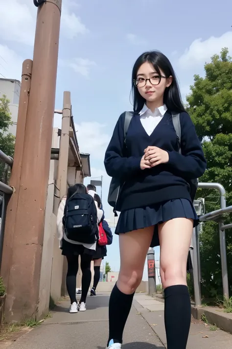 Shrine torii gate background ,masterpiece,8k,(((angle see from the ground))),Female junior high school student's angle from below,age 15,front shot,Watch here,((navy blue student sweater and collared shirt,((Beautiful legs with long thighs)),navy blue micr...