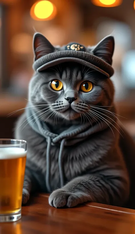 image rich in detail and ultra realistic quality of a cute gray cat sitting at a bar table, On the table is a bottle of beer and a glass with beer, Does he wear clothes and cap, the color of the image is clear and sharp 