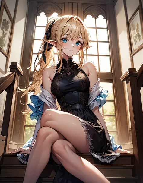 a young female elf sitting on a staircase where deformed branches and leaves of a living tree grow as they are、drawn with a Soft anime-style illustration。 she says (long blonde hair)Knit it up、emphasizes the characteristics of elves It's。age is thought to ...